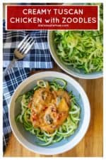 Creamy Tuscan Chicken is tender skillet chicken in a creamy cheese sauce full of sun dried tomatoes, fresh basil and served over a bed of zoodles . Soon to be one of your favorite one pan meals, this Creamy Tuscan Chicken is a low carb keto friendly recipe ready in just 30 minutes! #tuscanchicken #creamytuscanchicken #zoodles #chickenandzoodles #lowcarbchickendinner #lowcarbrecipes #ketochickendinner #ketodinner #ketorecipes #lowcarbdinner #zoodlerecipes