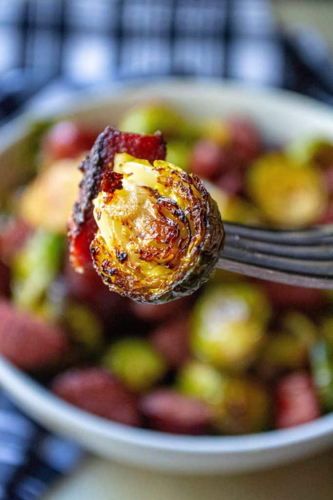 Roasted Brussel Sprouts and Kielbasa on a fork