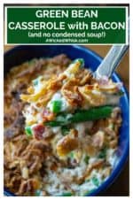 This Green Bean Casserole with Bacon is everyone's favorite holiday side dish! Made with NO condensed cream of mushroom soup, this classic casserole is packed with fresh green beans, crispy bacon, French fried onions and melted cheese. | A Wicked Whisk #greenbeancasserolewithbacon #greenbeancasserolewithbaconandcheese #greenbeancasserolenomushroomsoup #greenbeancasseroleholidays #greenbeancasserole #greenbeancasserolehomemade #greenbeancasseroleeasy #greenbeancasserolethanksgiving
