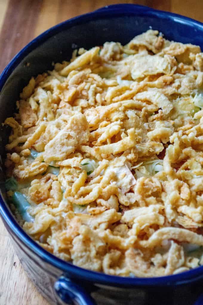 Green Bean Casserole with Bacon in a casserole dish