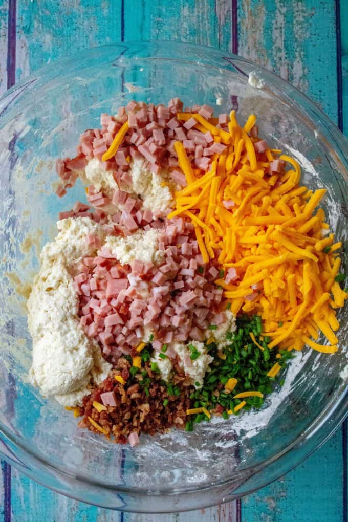 Ham and Cheese Savory Scones ingredients in a bowl