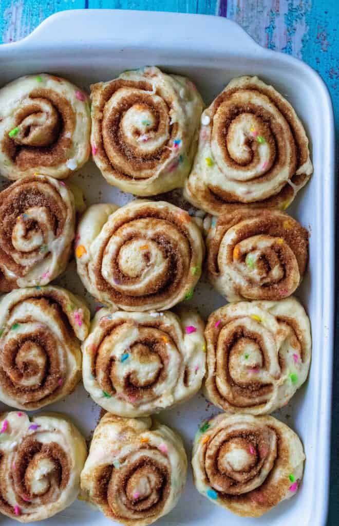 Funfetti Cinnamon Rolls in a pan