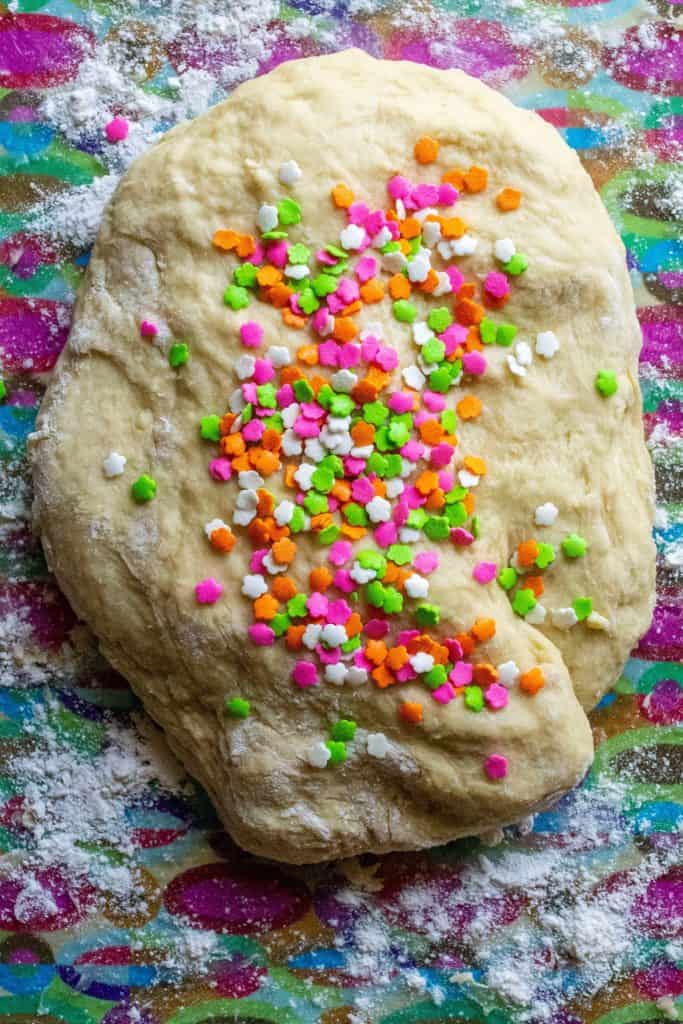 Funfetti Cinnamon Rolls dough with sprinkles
