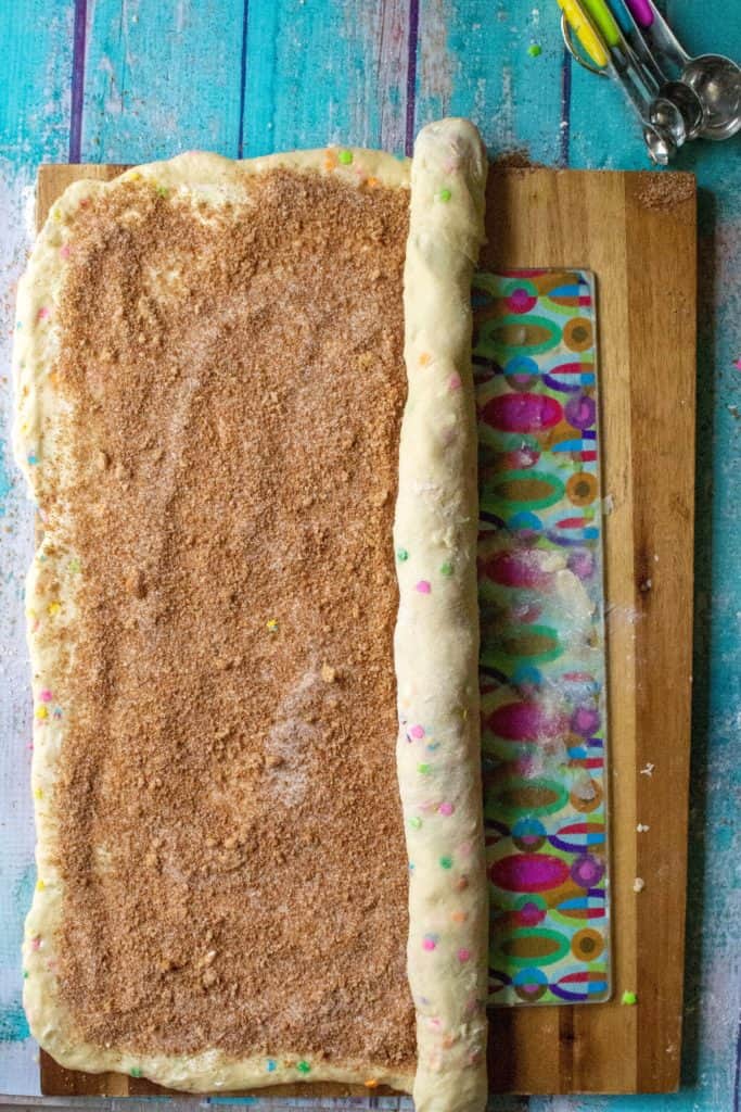 Funfetti Cinnamon Rolls rolled into a log