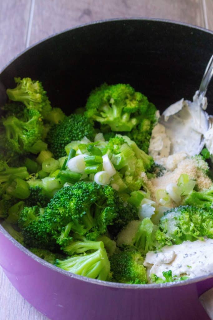 Cheesy Bacon Broccoli Casserole broccoli in a pot