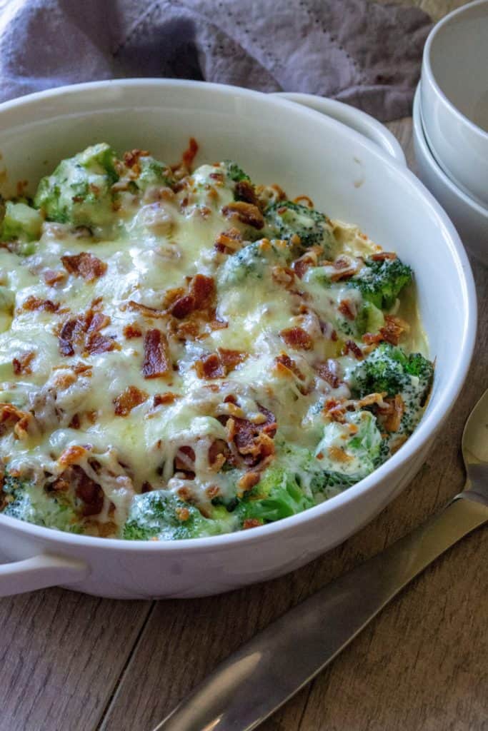 bowl of broccoli au gratin casserole
