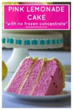 Pink Lemonade Cake is moist, tangy and the perfect summertime treat! Made from scratch with no frozen concentrate, this Pink Lemonade Cake is covered in lemon buttercream frosting and celebrates your favorite summertime drink with its bright pink cake color. | A Wicked Whisk #pinklemonadecake #pinklemonadecakeeasy #pinklemonadecakefromscratch #pinklemonadecakerecipe #pinklemonadecakerecipedessert #summercakeseasy #pinkcake #pinkcakeeasy #pinkcakeideas #lemoncake #lemonbuttercream