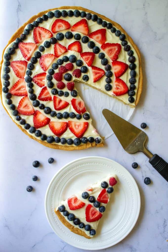 Red White and Blue Fruit Pizza on a plate