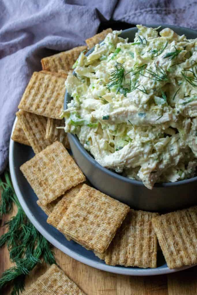 Southern Chicken Salad in a bowl with crackers