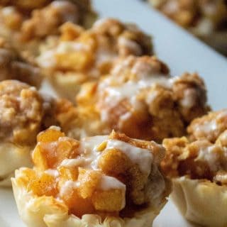 Dutch Apple Pie Bites have all of the flavor of homemade apple pie with none of the hassel.  Made using pre-made phyllo cups, a traditional apple pie filling and a crumbly topping, these Dutch Dutch Apple Pie Bites are easy to make and impossible to resist!