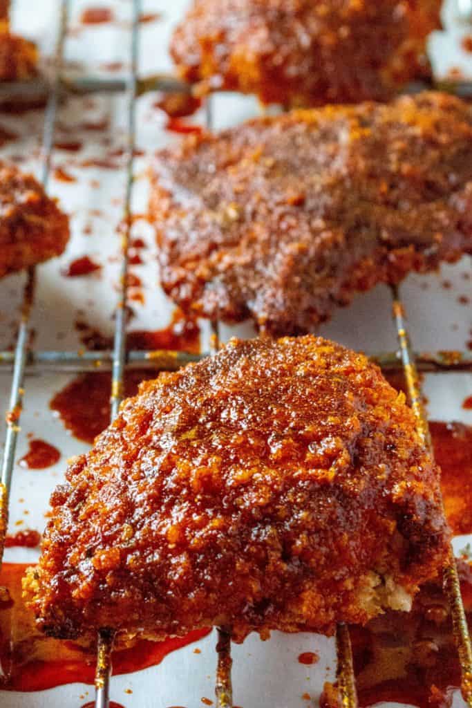 Oven Fried Nashville Hot Chicken with cayenne sauce