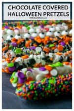Chocolate Covered Halloween Pretzels are fun and festive chocolate covered pretzels decorated with spooky sprinkles for the perfect easy Halloween treat! | A Wicked Whisk #halloweenpretzels #halloweenpretzelrods #halloweenpretzeltreats #halloweenpretzelsticks #halloweenpretzelschocolatedipped #halloweenpretzelrecipes #halloweenpretzelideas #halloweenpretzelseasy #easyhalloweentreats #easyhalloweentreatsforkids #easyhalloweentreatsforschool