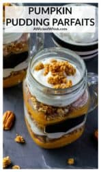 These Pumpkin Pudding Parfaits are made with instant pudding, pumpkin puree, whipped cream, pecans and granola. This easy no bake pumpkin dessert idea is perfect to serve up for Halloween, Thanksgiving or at any fall get together! | A Wicked Whisk #pumpkinpuddingparfait #pumpkinparfait #pumpkinparfaitdesserts #pumpkinparfaiteasy #pumpkinparfaitrecipes #pumpkinpuddingdessert #nobakepumpkindesserts #nobakepumpkindessertseasyrecipes