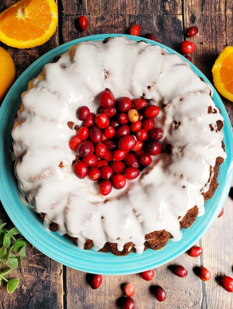 festive upside down cranberry cake on a plate