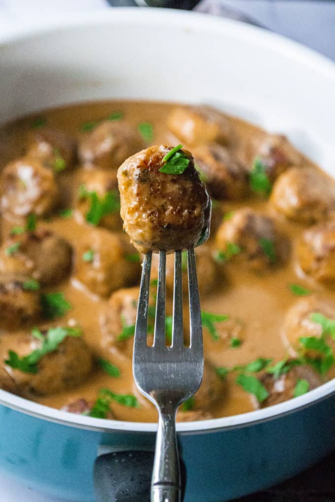 chicken meatball on a fork