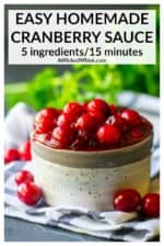 This Easy Homemade Cranberry Sauce recipe is made from 5 ingredients and ready in just 15 minutes! Spiced with cinnamon, fresh cranberries and a splash of orange juice, this favorite Thanksgiving side dish is the perfect combination of tart and sweet. | A Wicked Whisk #cranberrysauce #cranberrysaucethankgiving #cranberrysaucehomemade #cranberrysaucehomemadeeasy #cranberrysaucehomemadeorangejuice #bestcranberrysaucehomemade # cranberrysaucehomemadethanksgivingrecipes #cranberrysauceeasy