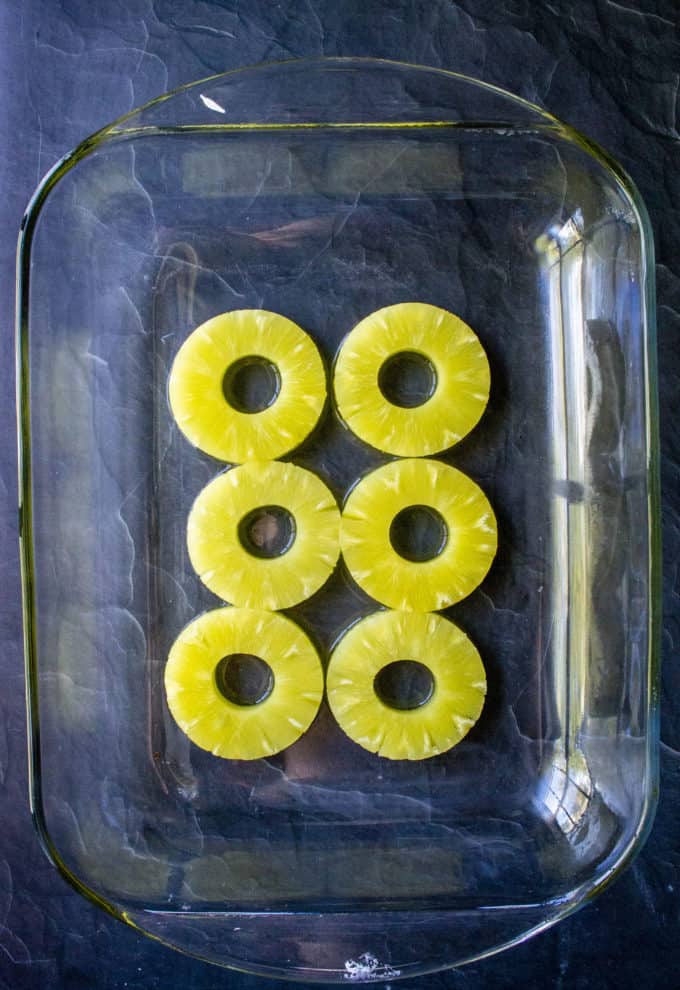 pineapple rings in a baking dish