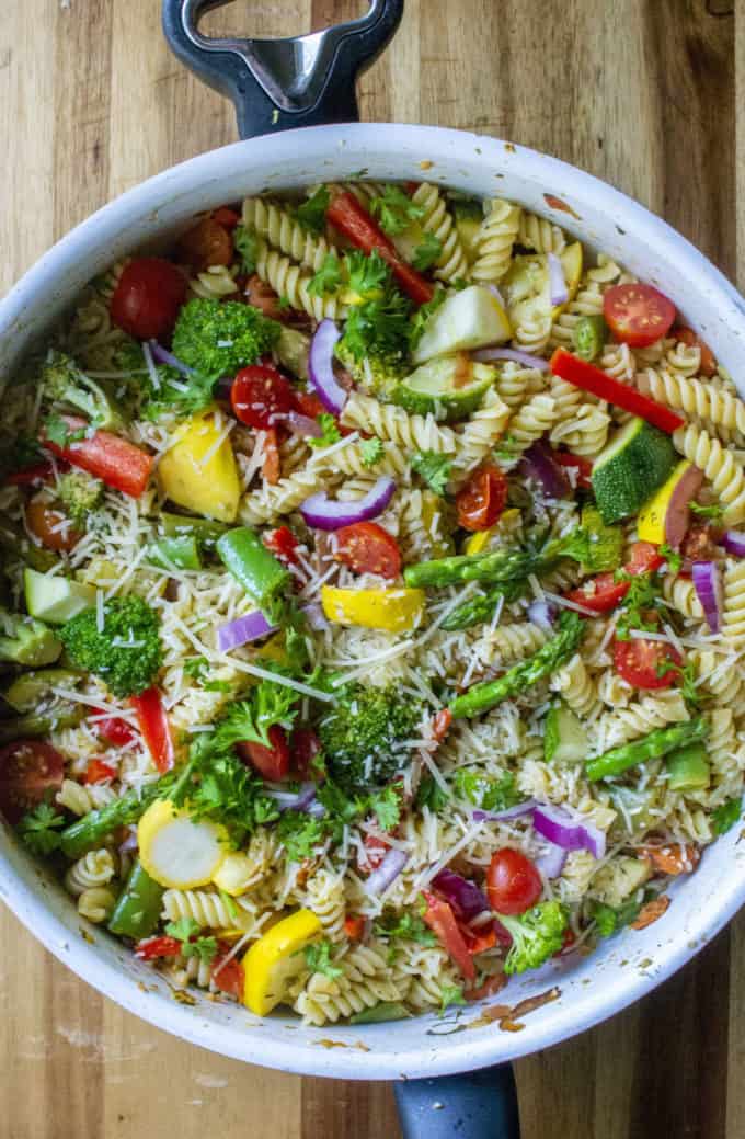 skillet of pasta primavera