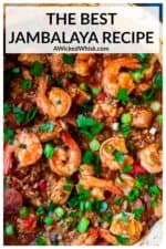 This easy one pot meal made with chicken, shrimp, andouille sausage and rice makes the BEST jambalaya recipe! This classic southern recipe delivers bold, zesty, Creole jambalaya flavors that everyone will love. #jambalaya #jambalayarecipe #jambalayarecipeeasy #bestjambalayarecipe #bestjambalayarecipeneworleans #creolejambalayarecipe #creolejambalayarecipecajunseasoning #neworleansjambalaya #homemadejumbalaya #jumbalayashrimp #jumbalayasausage #jumbalayarecipechickenshrimpsausage