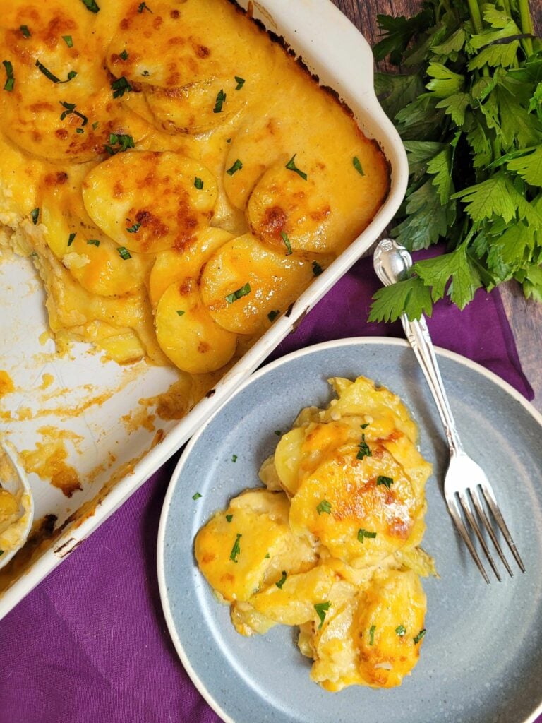 baked scalloped potatoes in a pan
