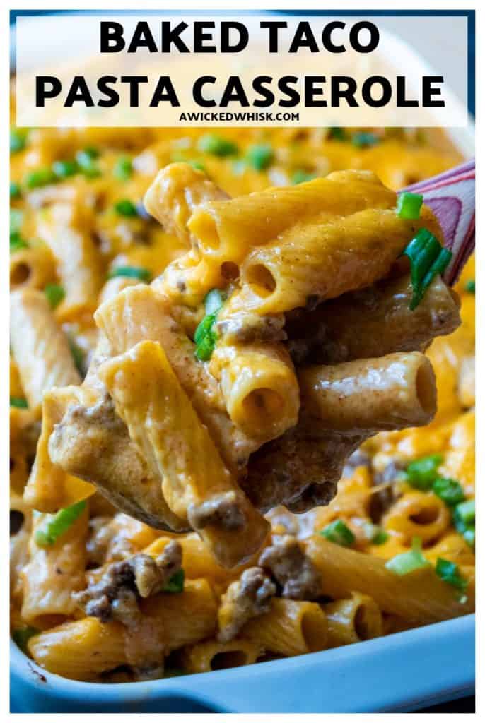 Baked Taco Pasta Casserole is a quick weeknight meal made with taco-flavored beef, big pasta noodles and a creamy cheese sauce. Ready in just 30 minutes, this taco casserole is perfect comfort food! #tacopasta #tacopastabake #cheesytacopasta #tacopastacasserole #easycheesytacopasta #tacopastacasseroleeasydinners