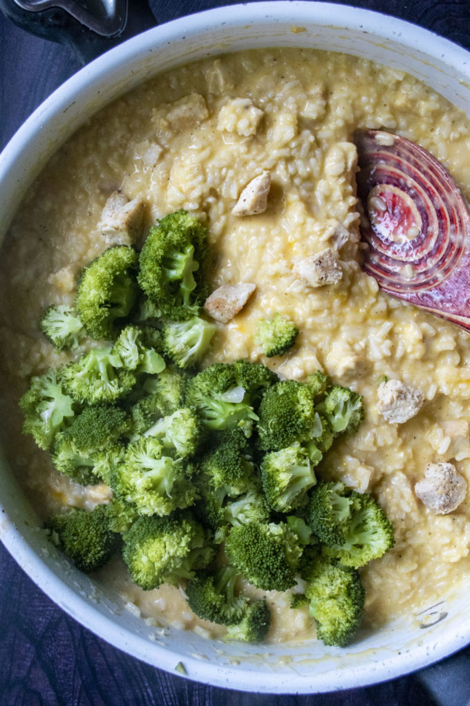 broccoli cheddar rice in a skillet
