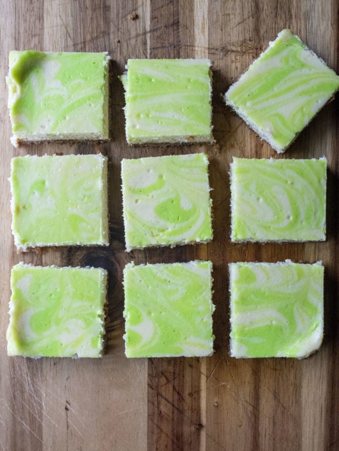 key lime cheesecake bars cut into squares