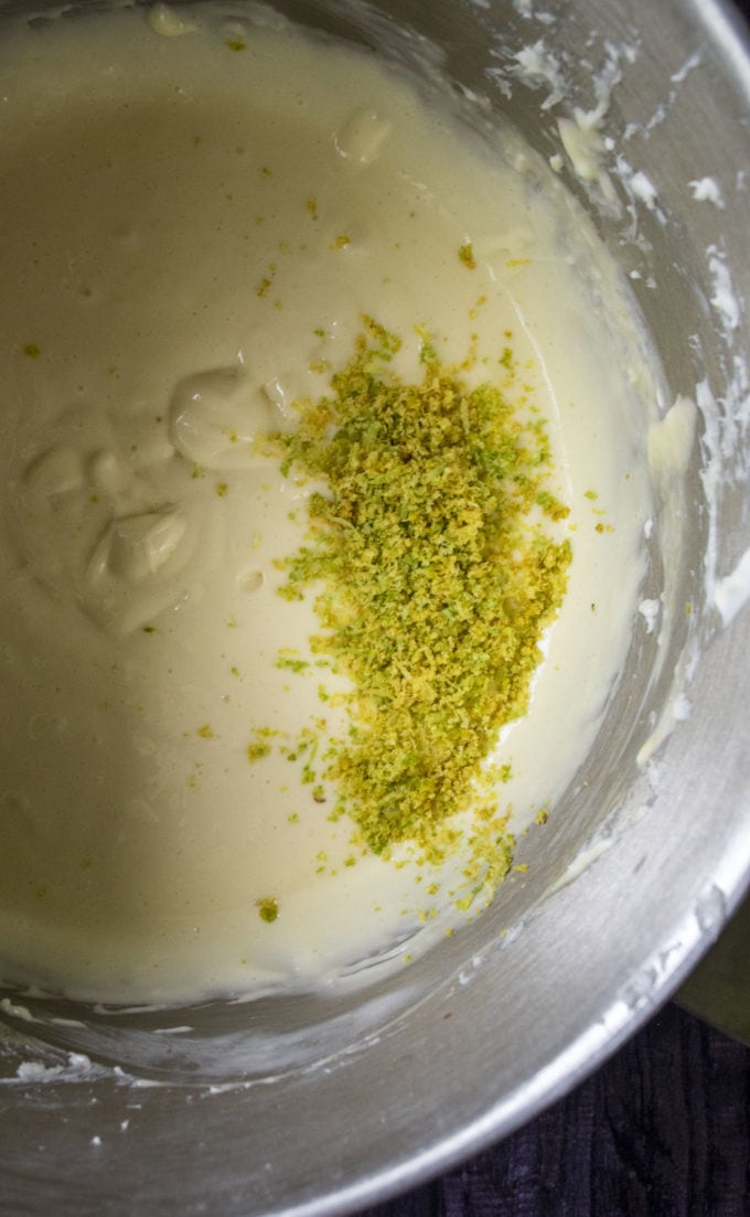key lime zest added to cheesecake batter