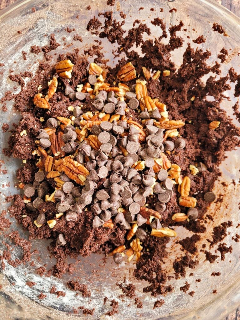 mixing bowl full of brownie batter