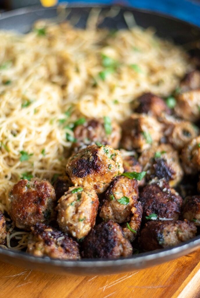 italian sausage and ground turkey metballs with pasta and fresh herbs