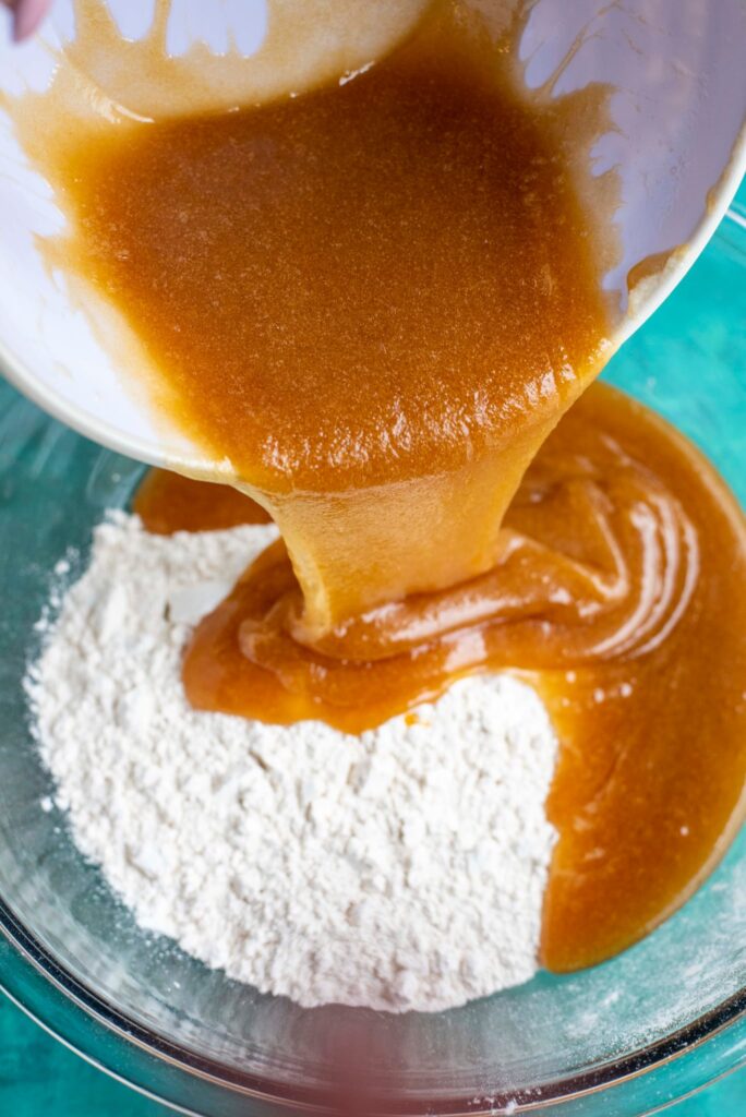 adding brown butter mixture to dry ingredients