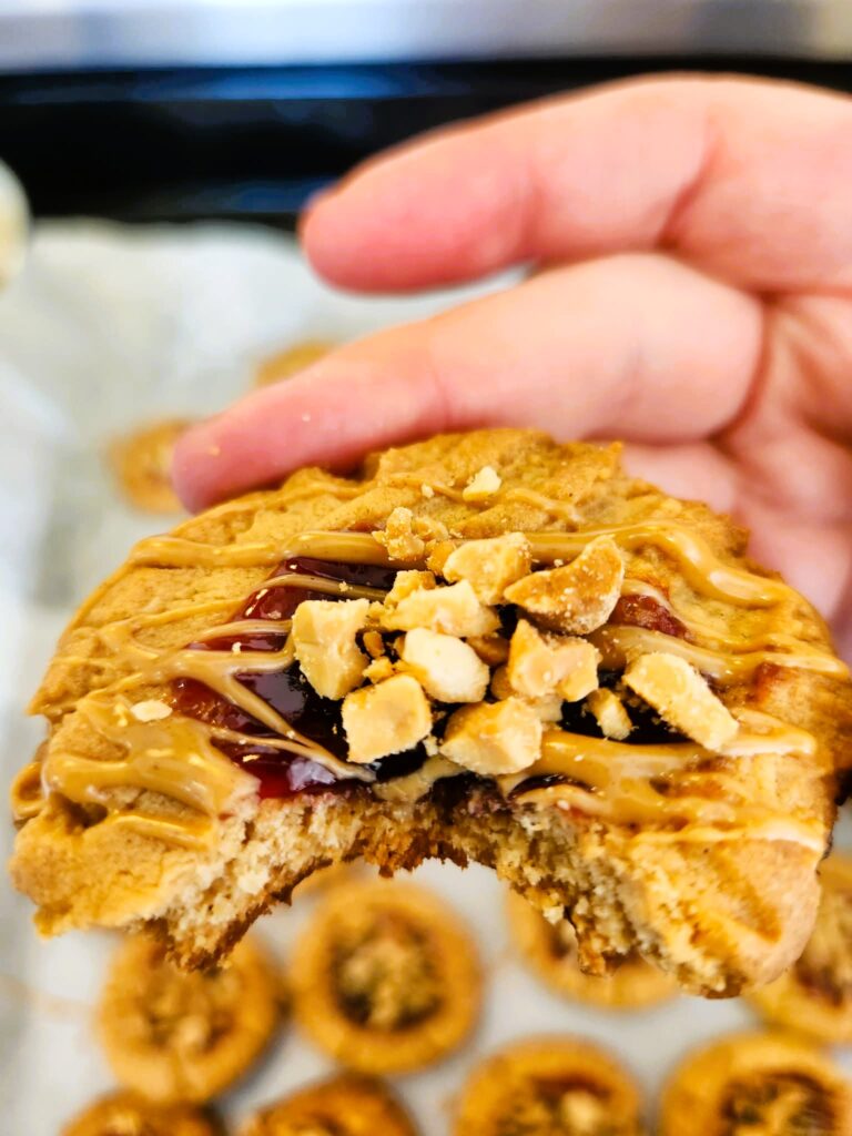 pb n J cookie with a bite taken out