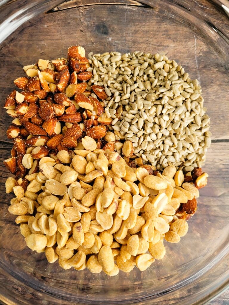 bowl of roasted nuts, peanuts and sunflower seeds