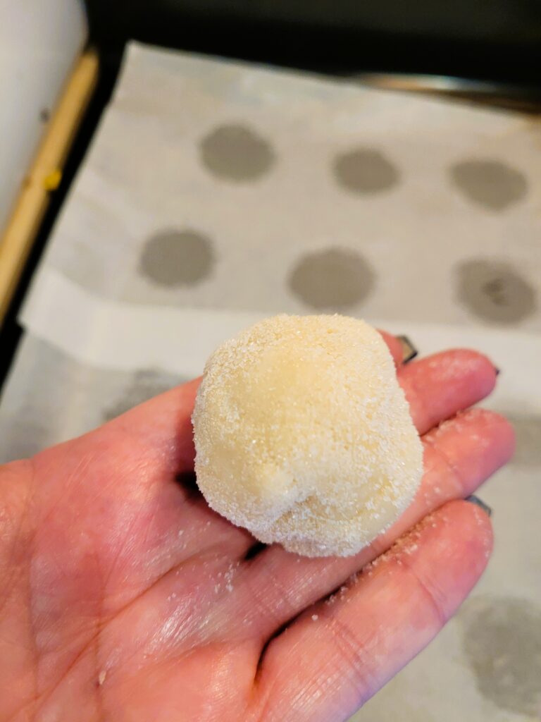 2 inch sugar cookie dough ball rolled in sugar