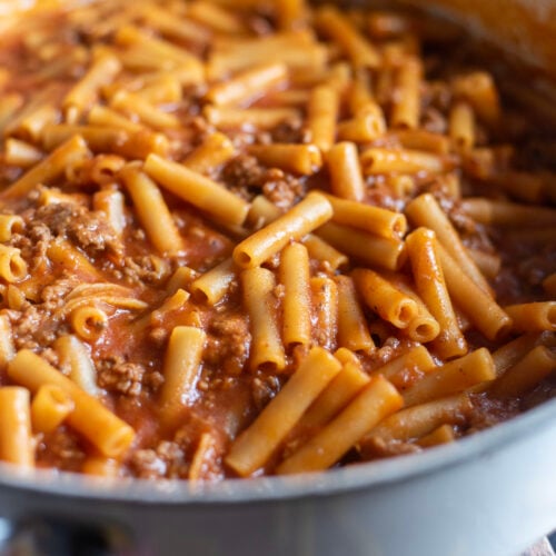 Close-up of hearty homemade beefaroni showing ground beef, pasta, and rich tomato sauce