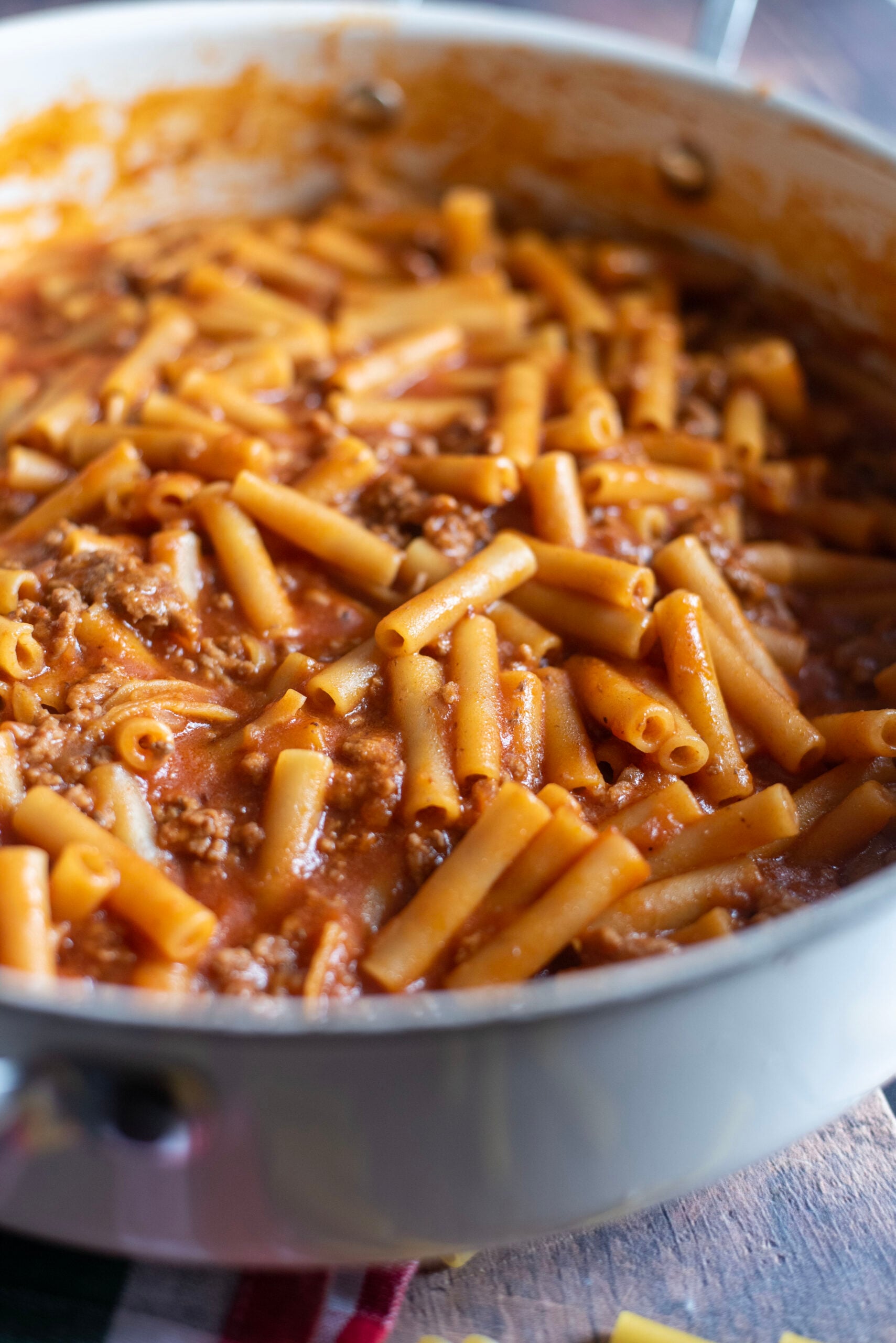 Close-up of hearty homemade beefaroni showing ground beef, pasta, and rich tomato sauce